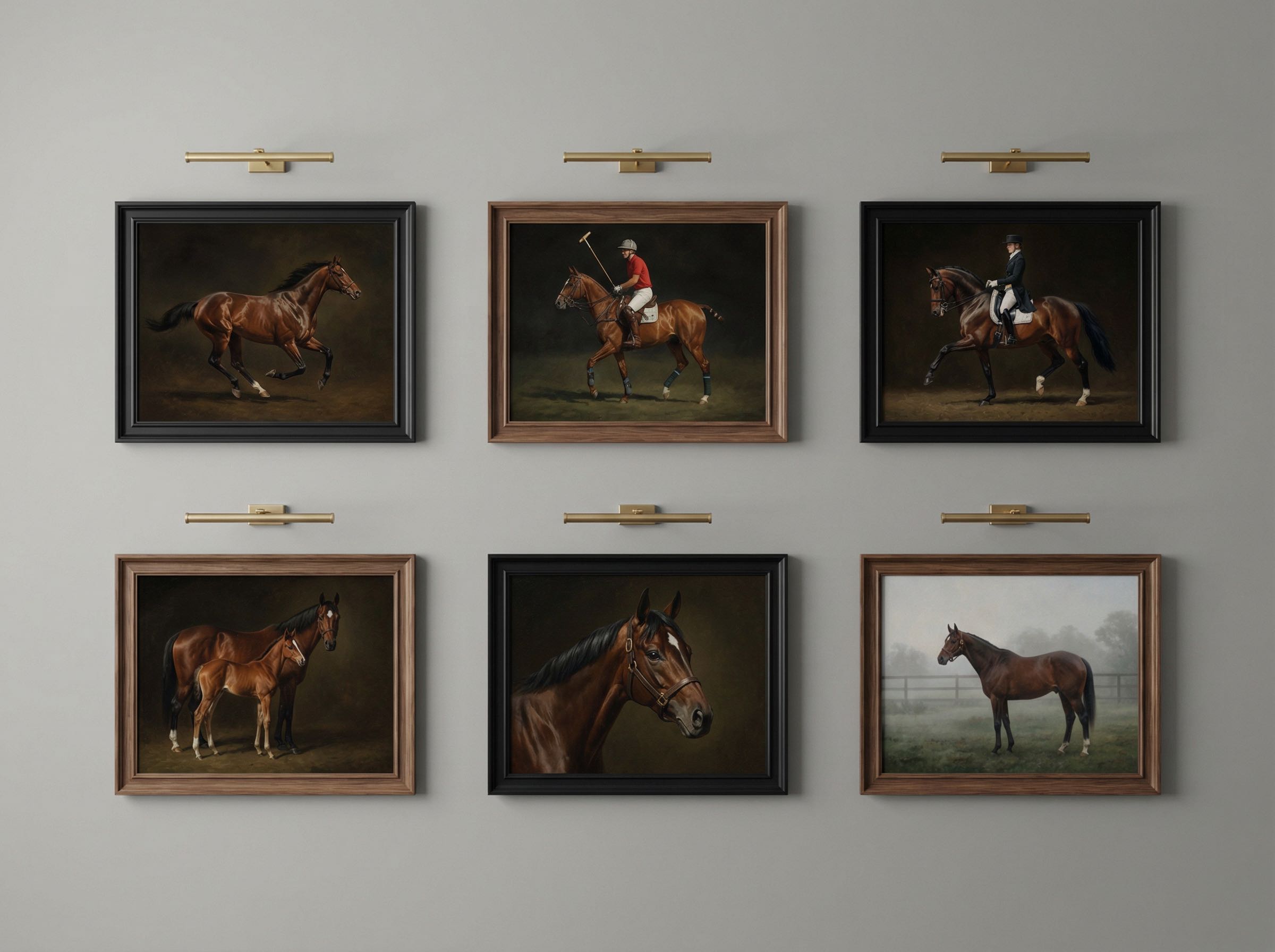 Gallery wall arrangement of framed luxury equestrian artwork pieces in a curated grid pattern