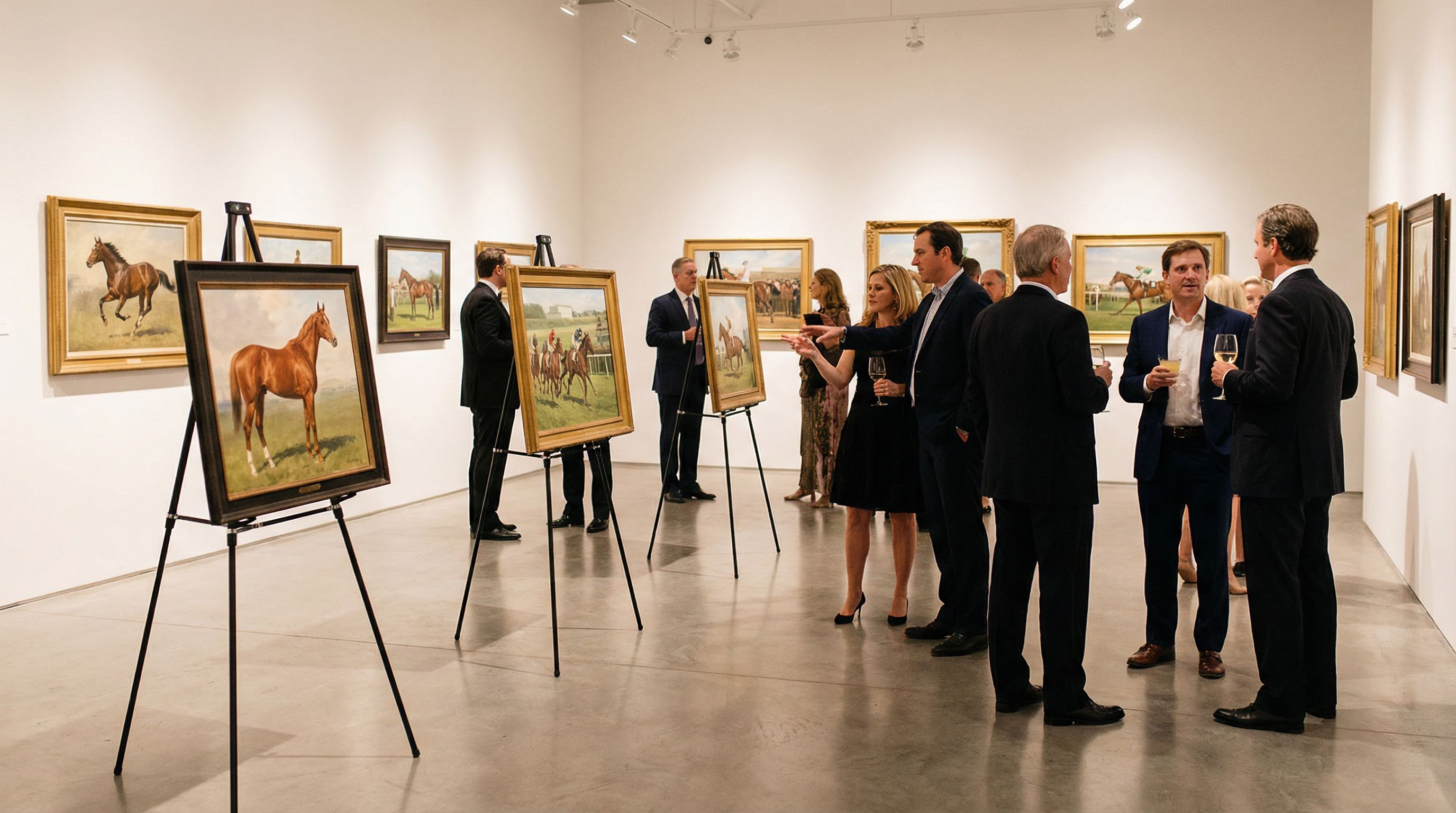 Corporate event space with multiple framed luxury equestrian artwork pieces displayed on easels