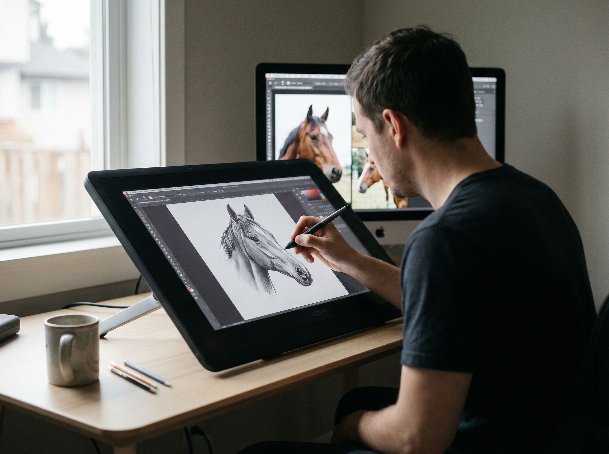Digital artist working at a professional workstation creating luxury equestrian artwork