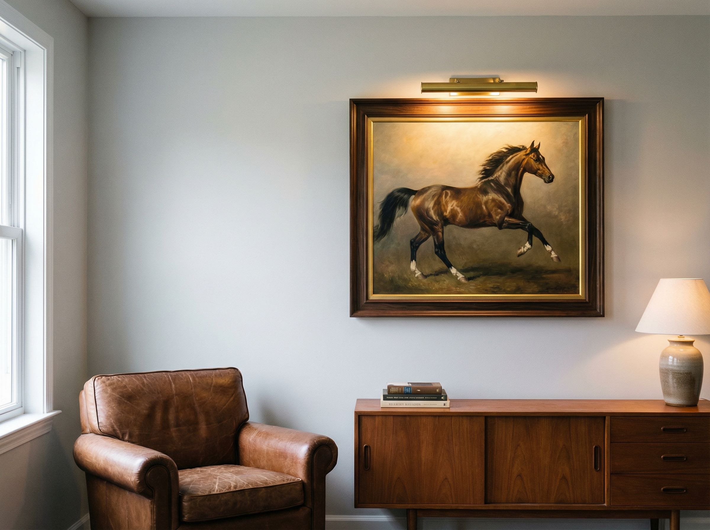 Large framed luxury equestrian artwork displayed on a dark charcoal wall in an elegant living room