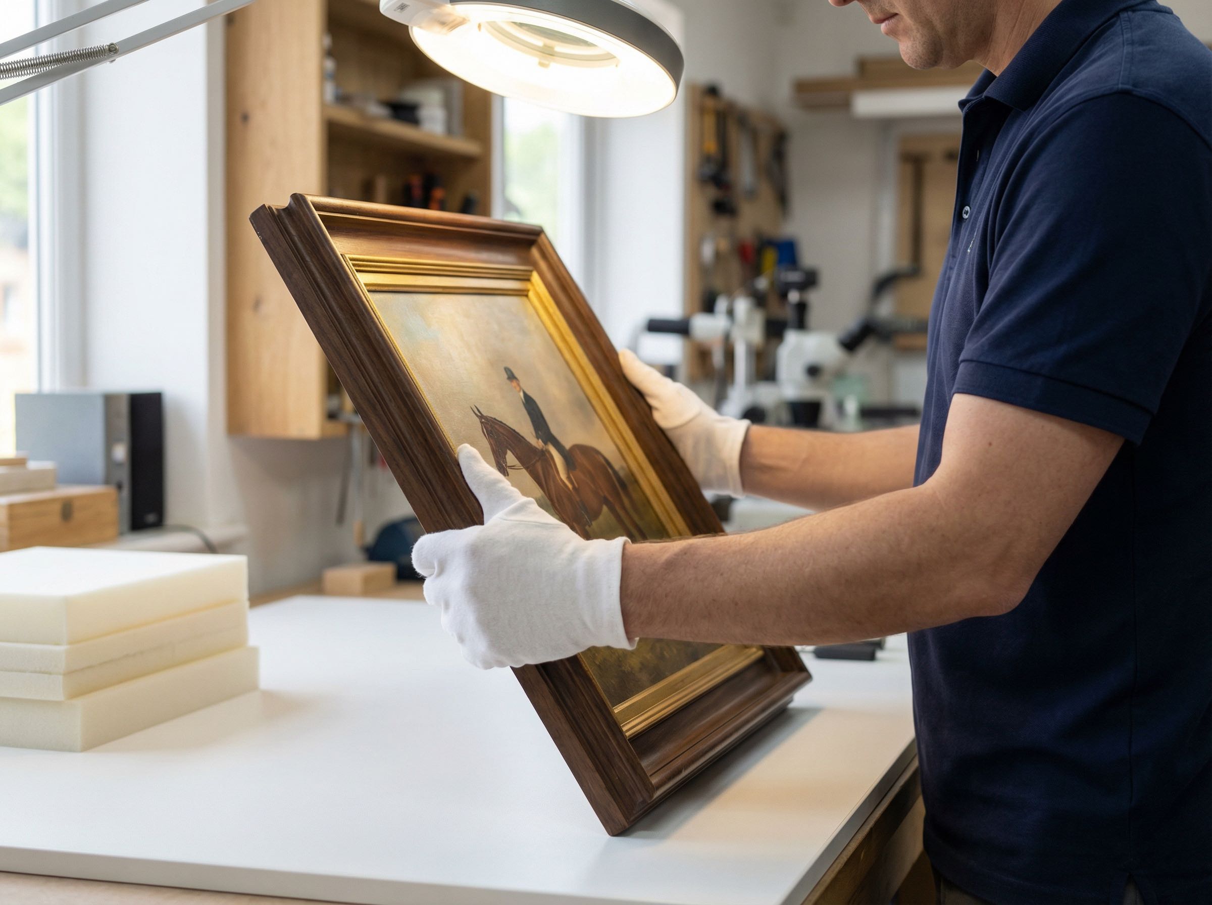 Craftsperson wearing white cotton gloves carefully inspecting a framed artwork under bright lighting