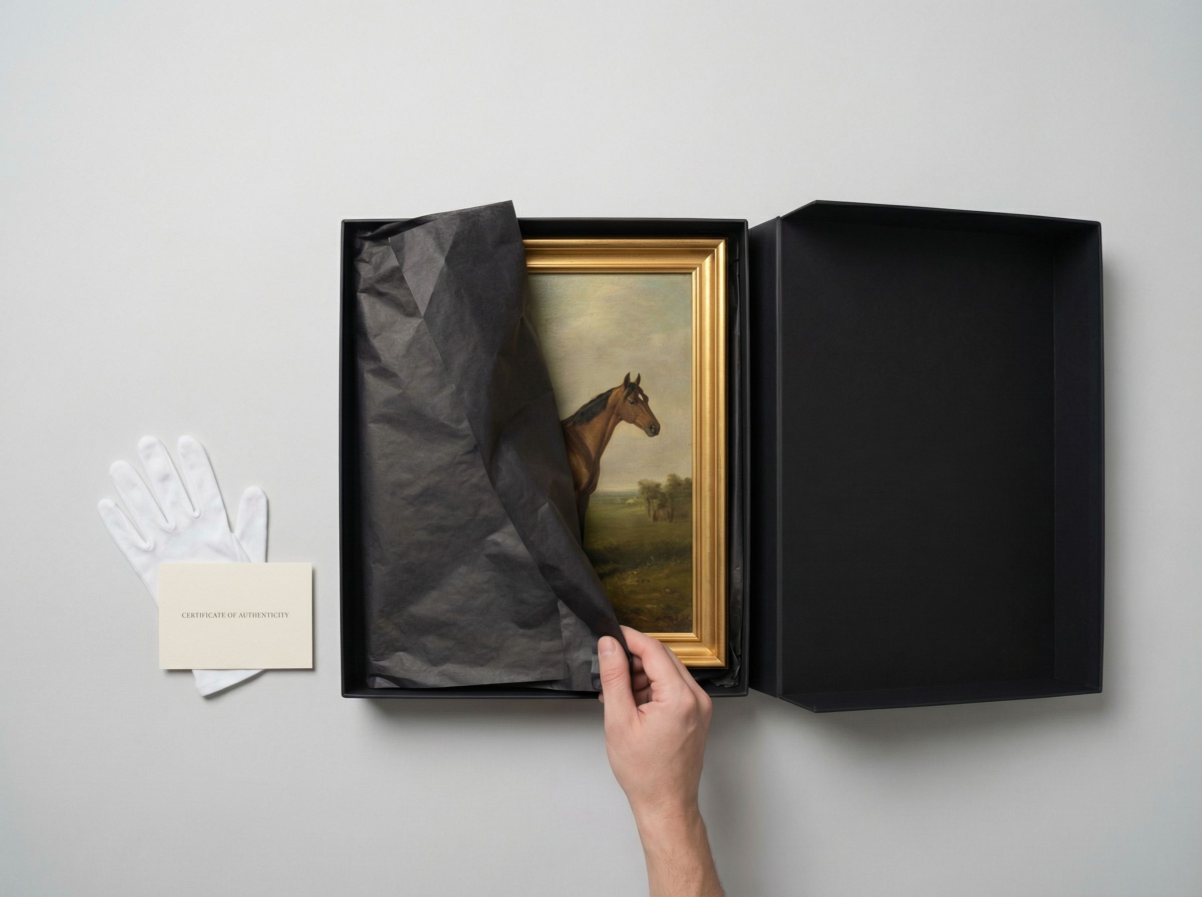Luxury artwork unboxing experience with matte black presentation box and white cotton gloves
