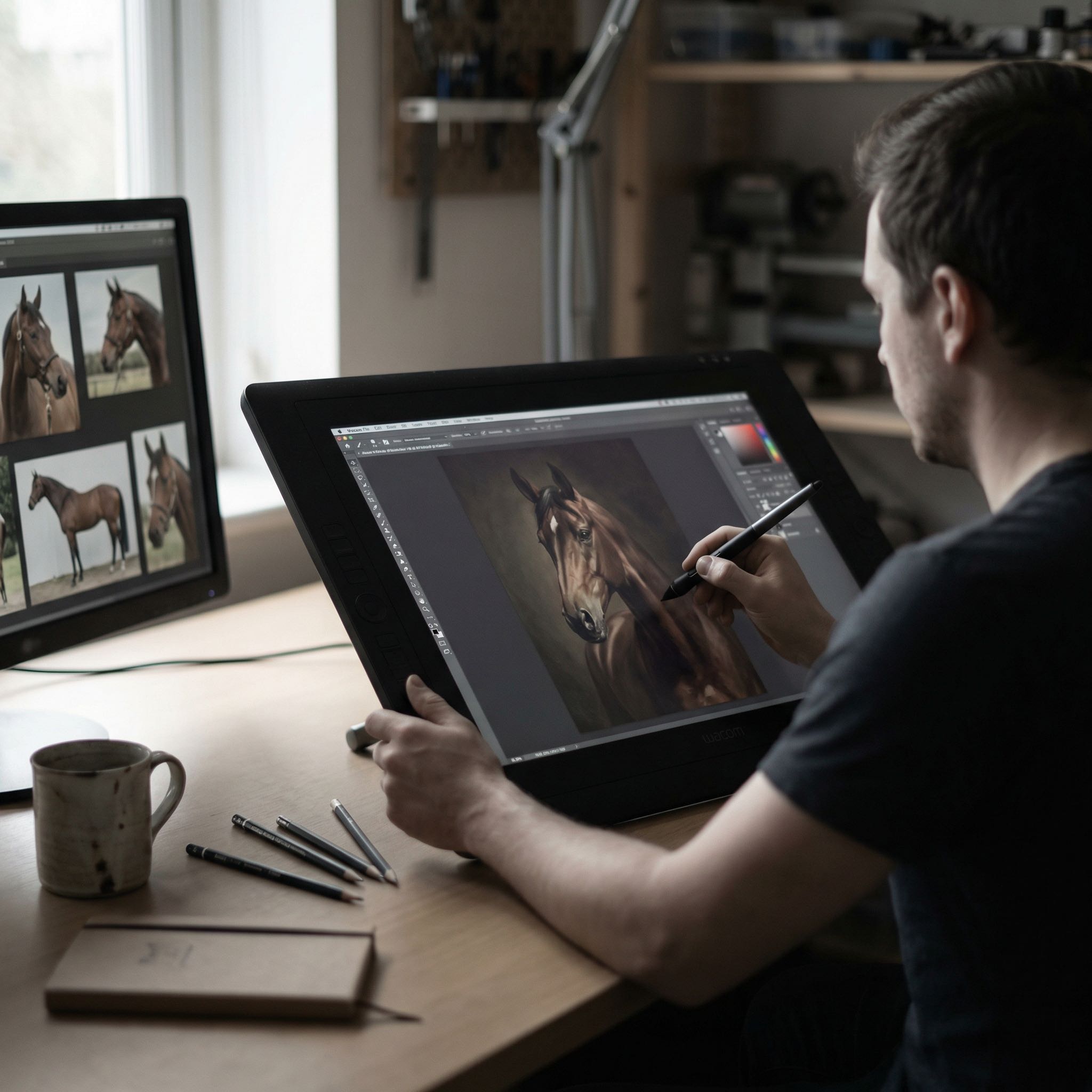Artist painting an equestrian portrait on a digital drawing tablet with reference photos on a second screen