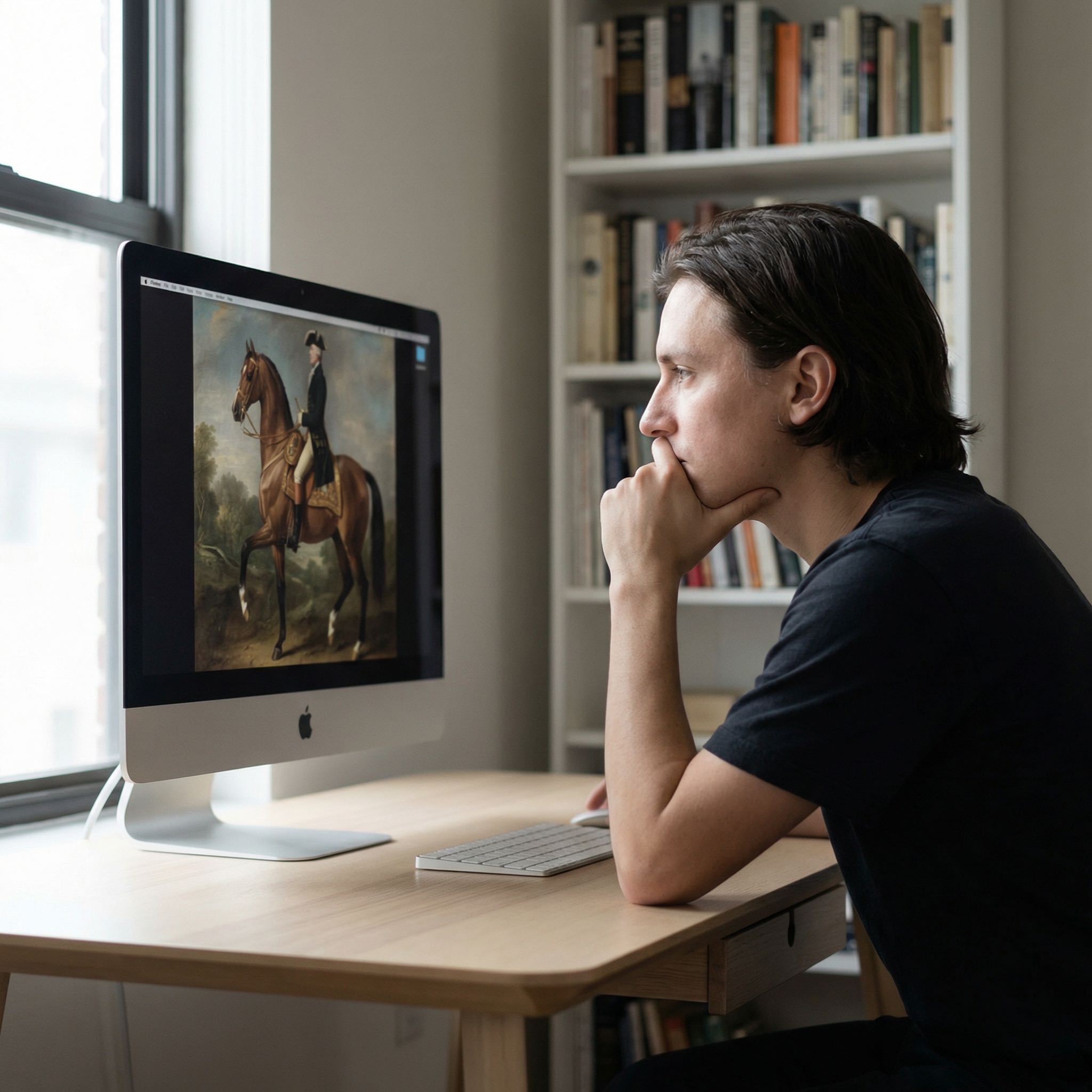 Person contemplating a galloping horse painting displayed on screen in a warm study