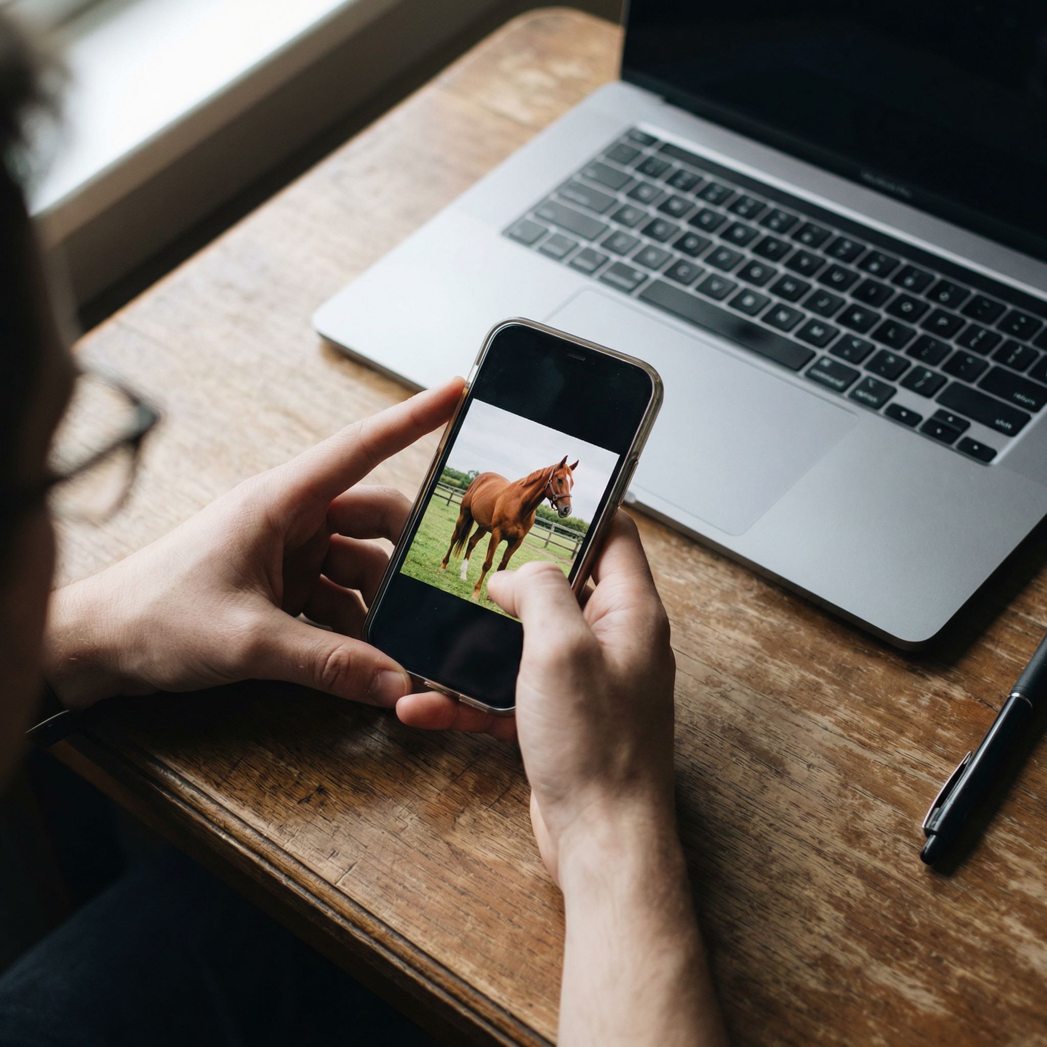 Hands holding a smartphone with a horse photo above a laptop showing upload interface